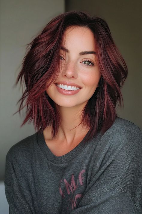 Deep Burgundy Highlights, Burgundy Highlights On Dark Hair, Highlights Medium Length, Medium Length Shag Haircuts, Red Brunette Hair, Burgundy Hair With Highlights, Red Color Hair, Medium Length Shag, Dark Hair Balayage