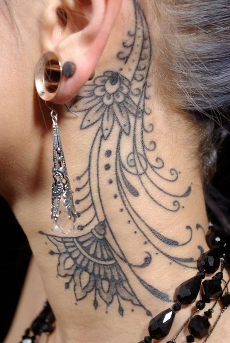 so pretty, behind the ear and down the neck tattoo Old Crow Tattoo, Ephemeral Tattoo, Girl Neck Tattoos, Side Neck Tattoo, Butterfly Tattoos For Women, Neck Tattoos Women, Crow Tattoo, Best Tattoos For Women, Neck Tattoos