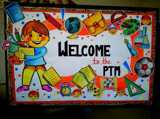 Art ,Craft ideas and bulletin boards for elementary schools: PTM bulletin board Bulletin Boards For Elementary, Class Board Decoration, Board Decoration Ideas, Soft Board Decoration, Art Craft Ideas, Parent Teacher Meeting, Preschool Decor, School Board Decoration, School Door Decorations