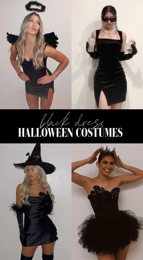 The best last minute Halloween costume for you and your friends! All you need is a black dress! Tons of DIY ideas including a black bunny, Wednesday Adams, The Black Swan, black devil, black angel, a witch, 3 blind mice, Disney villians Cruella Deville and Malificent, Reputation Taylor Swift, Audrey Hepburn and Harry Potter's Bellatrix Lestrange! Including affordable Amazon Halloween costumes and accessories. #DIYHalloweenCostumes #HalloweenCostumes #DIY Black Cape Halloween Costumes, Black Lace Dress Halloween Costume, Halloween Cocktail Dress, Leather Skirt Costume Halloween, Halloween Costume Ideas With Black Dress, Black Mini Dress Costume Ideas, Black Mini Dress Halloween Costume Ideas, Black Outfits For Halloween, Halloween Costumes All Black Outfit