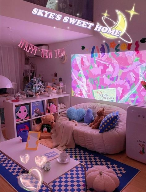 🪐 Organization Ideas For The Home Aesthetic, Anime Themed Bathroom, Kawaii Room Furniture, Kirby Themed Bedroom, Anime Inspired Living Room, Kawaii Girls Room, Kawaii Room Ideas Aesthetic, Anime Dorm Room Ideas, Kawaii Room Inspiration