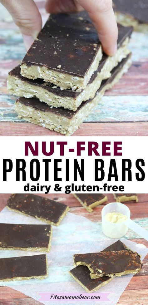 An easy, healthy no-bake snack to keep on hand! These nut-free protein bars are made with vegan protein powder to make a healthy snack or fueling post-workout option. Soft, chewy, and topped with chocolate, these no-bake protein bars are a great meal prep recipe! #proteinbar #proteinsnacks #veganprotein #nutfree #nobakerecipes #postworkout Nut Free Protein Bars, Stay At Home Girlfriend, Easy Protein Bars, Buttermilk Baking, No Bake Protein Bars, Gluten Free Protein Bars, Healthy Protein Bars, Protein Bars Homemade, Protein Bar Recipes