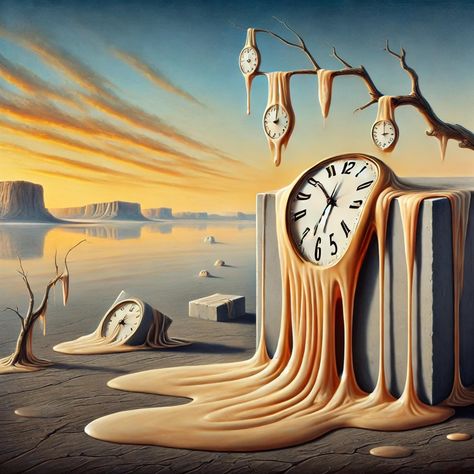 A surreal oil painting inspired by the iconic theme of time and decay, featuring melting clocks draped over various objects in an expansive, barren landscape. The scene is set in a desolate, dreamlike world where time appears distorted and fluid. Surrealism Clock, Surrealism Ideas, Distortion Painting, Clock Melting, Surreal World Art, Time Artwork Ideas, Melting Clocks, Melted Clock, Time Art Clock