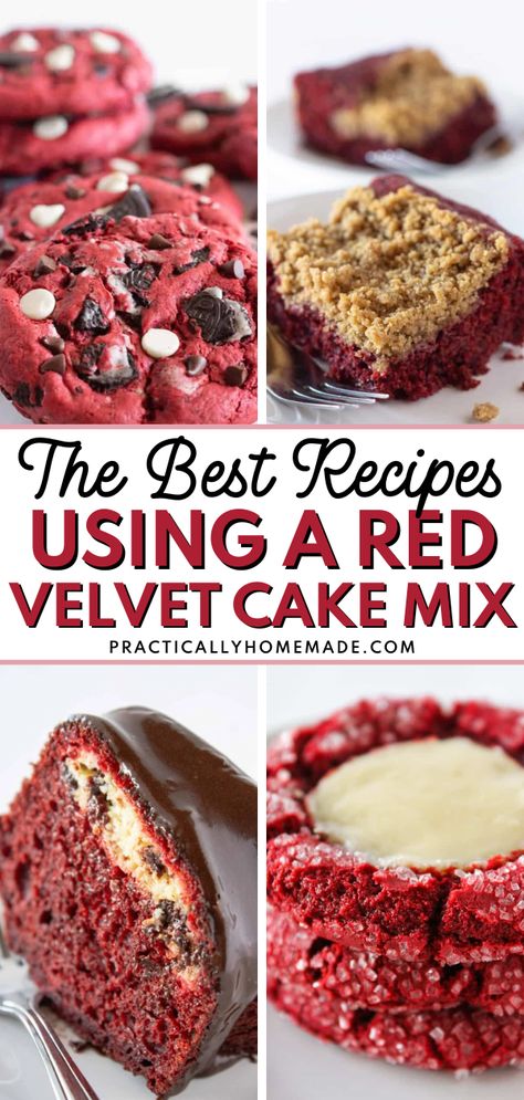 These are The Best Recipes Using a Red Velvet Cake Mix that you could ever find! In this list we have cookies and cakes that are so delicious. Some have homemade cream cheese frosting, some have a filling, and some are topped with a decadent chocolate ganache. Try any of these recipes and I’m sure you’ll fall in love! Red Velvet Cupcakes With Chocolate Chips, Recipes With Red Velvet Box Cake Mixes, Things To Make With Red Velvet Cake, Layered Red Velvet Cheesecake Bundt Cake, Red Velvet Cake Mix Bars, Cake Mix Cookies Red Velvet, Red Velvet Cake Mix Desserts, Red Velvet Cake Variations, Recipes Using Red Velvet Box Cake