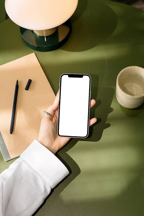 "Woman With Cell Phone With A White Screen At Office. Mockup Phone" by Stocksy Contributor "Artem Podrez" - Stocksy Phone Product Shoot, Phone Taking Picture Aesthetic, Desk Photoshoot, Phone On Table, Woman On Phone, Phone Graphic, Mockup Design Ideas, Tech Photography, Category Design