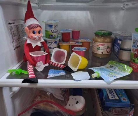 Fridge Elf On The Shelf, Elfo Travieso Ideas, Elf On The Shelf Ideas Fridge, Elf Ideas 2024, Travesuras Elf On The Shelf, Elf Last Day Ideas, Crazy Elf Ideas, Elf On The Shelf Ideas Toddler, Silly Elf On The Shelf Ideas Funny