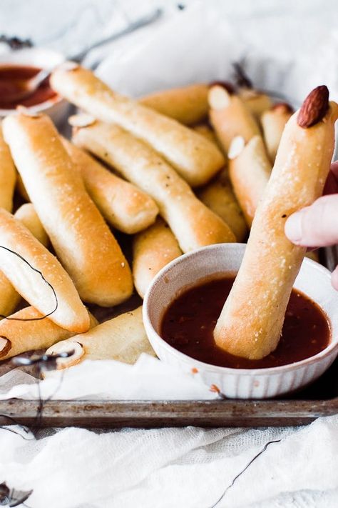 Witch Finger Breadsticks - Oh So Delicioso Witch Finger Breadsticks, Finger Breadsticks, Spooky Halloween Treats, Witches Fingers, Almond Nut, The Good Witch, Halloween Treat, Breadsticks, Cookie Sheet