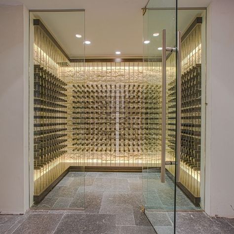 u81a2376-edit Contemporary Wine Room, Wine Cellar Modern, Wine Cellar Lighting, Wine Story, Wine Wall Display, Contemporary Wine Cellar, Wine Cellar Racks, Wine Cellar Basement, Glass Wine Cellar