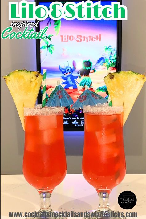 This image shows two red drinks in hurricane glasses with pineapple garnish, cocktail umbrella and green striped staws in front of a lilo and stitch movie poster Lilo And Stitch Cocktail, Lilo And Stitch Food Recipes, Lilo And Stitch Food, Lilo And Stitch Food Ideas, Stitch Cocktail, Mixed Drinks Alcohol Recipes, Elvis Party, Princess Drinks, Disney Movie Night Food