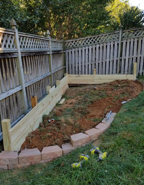 Corner Lot Landscaping, Corner Flower Bed, Corner Landscaping, Landscaping Along Fence, Build A Garden, Garden Retaining Wall, Black Thumb, Sloped Backyard, Building A Raised Garden