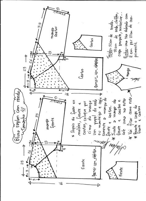 Esquema de modelagem de blusa raglan com recortes tamanho 48. Pola Blus, Raglan Sleeve Pattern, T Shirt Sewing Pattern, Shirt Sewing Pattern, Baby Clothes Patterns, Blouse Pattern Sewing, Easy Sewing Patterns, Pattern Drafting, Clothes Sewing Patterns