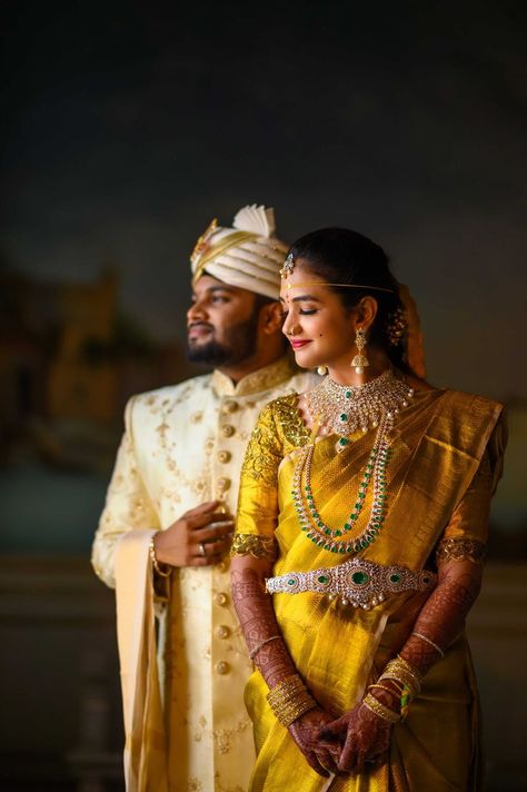 “One day, in your search for happiness, you discover a partner by your side, and you realise that your happiness has come to help you search.” #couplepose #wedding #weddings2021 #indianwedding #bride #brides #bridesofindia #bridesof2021 #coupleshoot #coupleportrait #shotonnikon Telugu Wedding Photography, Couple Wedding Dress Indian Hindu, Temple Shoot, Hindu Wedding Photos, Marriage Poses, Marriage Stills, Indian Wedding Poses, Wedding Stills, Rajputi Dress