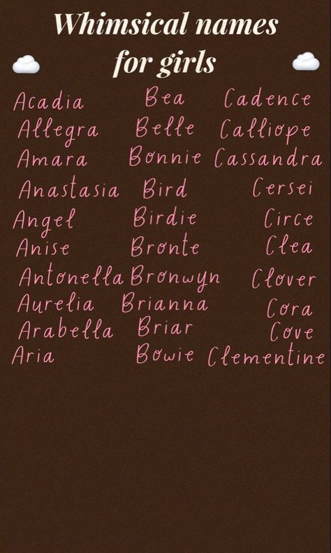 #babynames #baby #names #babygirlnames #girl #babynamesuggestions #whimsical Highest Timeline, Whimsical Names, Scene Writing Prompts, Random Names, Child Names, Mystical Names, Fairy Names, Female Character Names, Names For Girls