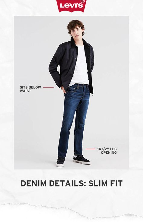 A modern slim with room to move, the Levi's® 511™ Slim Fit Stretch Jeans are a classic since right now. These jeans sit below the waist with a slim fit from hip to ankle. This pair has just the right amount of stretch for all-day comfort. Men's Slim Jeans, Levis Outfit, Winter Ideas, Jeans For Men, Outfits Men, Denim Details, Slim Straight Jeans, Designer Jeans, Inspiration Board