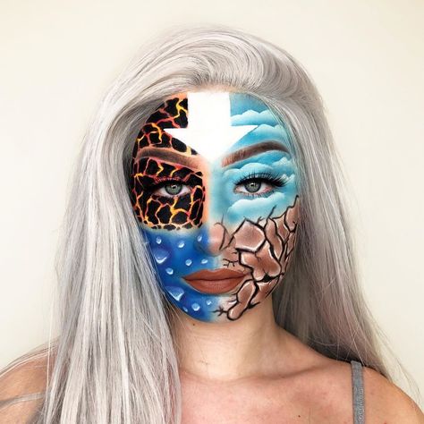 Day 79, The Four Elements 🔥☁️💦🍃 This look is inspired by the amazing @abbyrobertsartistry • • This took so long to do but I’m actually… Face Painting Themes, Elements Makeup, 5 Elements Of Nature, Robot Makeup, Diy Horns, Butterfly Birthday Cakes, Creepy Halloween Makeup, The Four Elements, Four Elements