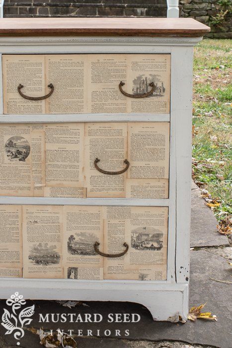 This is a great way to freshen an old piece of furniture. To freshen up our old dresser we used an old book, but any kind of paper would work, so pick one that works with your decor. Really excited to share how I went about making this so let's get right to it! Materials: Matte Mod Podge, Scissors, Parsons West 2 1/2" sash brush, Nail for puncturing holes for hardware, Dresser was painted in Miss Mustard Seed's Milk Paint in Marzipan First step: Each dresser has drawers… Decoupage Dresser Drawers, Computer Cupboard, Easy Ribbon Crafts, Decoupage Dresser, Diy Wall Sconces, Diy Beadboard, Beadboard Kitchen, Upcycled Decor, Nursery Book