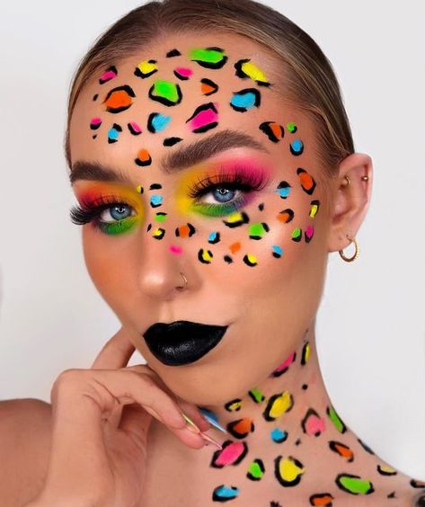 Rainbow Cat Makeup, Lisa Frank Leopard Makeup, Rainbow Halloween Makeup, Lisa Frank Face Paint, Animal Print Makeup Looks, Lisa Frank Makeup Looks, Creative Face Paint, Animal Makeup Looks, Neon Face Paint Ideas