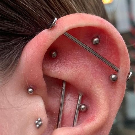 Infinite Body Piercing on Instagram: "Behold, a very cool ear project pierced by @precision.perforations ✨ Pixie pierced this client’s double vertical industrial piercings, tragus, conch, forward helix, faux rook, high and mid helix, and lobe orbital using all implant grade titanium jewelry." Vertical Industrial Piercing, Lobe Orbital, Piercing Curation, Vertical Industrial, Ear Project, Piercings Tragus, Industrial Piercings, Orbital Piercing, Piercing Inspo