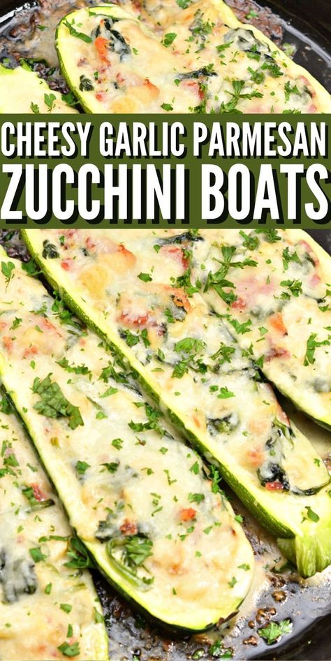 Cheesy Garlic Parmesan Zucchini Boats - These keto parmesan zucchini boats are a fun way to eat your vegetables! These zucchini boats are a cheesy and healthy side dish. Add some chicken and make them a complete meal. #keto #ketorecipes #ketodiet #ketozucchiniboats #zucchiniboats #garlicparmesanzucchini #zucchinirecipes #zucchini #vegetarianrecipes #food #recipes Veggie Zucchini Boats, Garlic Parmesan Zucchini, Zucchini Dinner Recipes, Spinach Parmesan, Zucchini Boat Recipes, Zucchini Side Dishes, Eat Your Vegetables, Easy Zucchini Recipes, Garlic Spinach