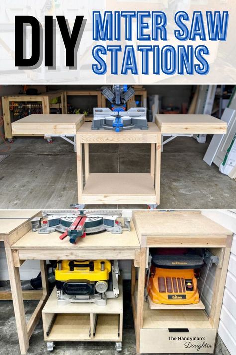 Whether you're looking for a mobile miter saw stand or a permanent miter saw station, you'll find the perfect miter saw table plans here! Garage Workbench Plans, Mitre Saw Station, Wood Chop, Work Shops, Miter Saw Table, Building A Workbench, Workbench Designs, Woodworking Hacks, Mitre Saw Stand