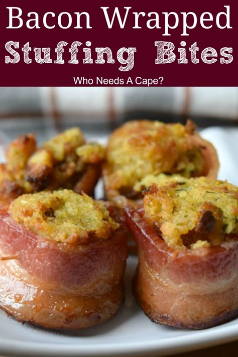 Bacon Wrapped Stuffing Bites are a wonderful holiday appetizer! Use up leftover stuffing and wrap thick flavorful bacon around for the perfect treat. #holidayappetizer #baconappetizer #partyfood Bacon Wrapped Stuffing, Stuffing Bites, Leftover Stuffing Recipes, Holiday Appetizers Thanksgiving, Leftover Stuffing, Appetizers Thanksgiving, Bacon Wrapped Appetizers, Traditional Thanksgiving Dinner, Thanksgiving Dinner Ideas