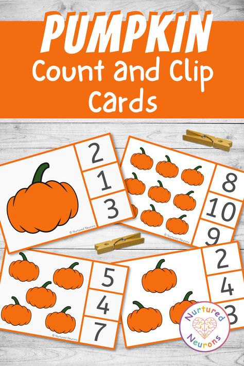 These pumpkin count and clip cards are a simple way to develop those early counting skills. But not only do they get to practice counting and number recognition, the squeezing of clothespins are also a wonderful way to develop their fine motor skills as well! Grab the fall math activity over at Nurtured Neurons today! #falllearning #fallmath #clipcards #fallprintables #earlymath #preschoolmath #kindergartenmath #counting #finemotor #eyfs #pumpkins #mathcenters Fall Math Kindergarten, Pumpkin Math Activities, Fall Math Activities, Pumpkin Math, Free Math Printables, Fall Crafts For Toddlers, Autumn Teaching Ideas, Counting Activities Preschool, Fall Preschool Activities