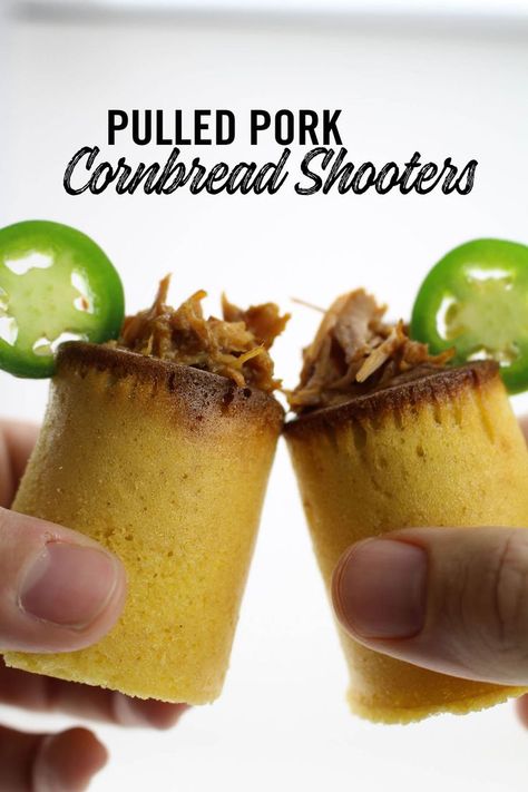 Head Country BBQ sauce in these pulled pork cornbread shooters can give them a nice flavor. Serve these as appetizers at your next party. Country Appetizers, Texas Bbq Appetizers, Pulled Pork Tailgate Food, Smoked Pig Shots With Maple Bourbon Glaze, Bbq Mac And Cheese Pulled Pork, Pellet Grill Pig Shots, Pulled Pork Appetizer, Cowboy Food, Dude Food