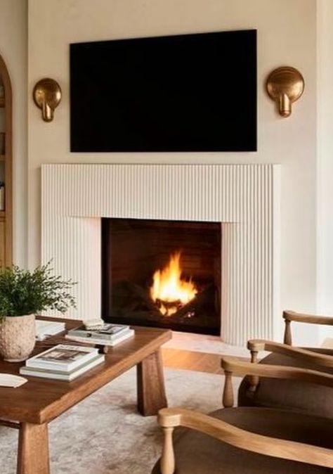 Ribbed Tile Fireplace, Fluted Fireplace Wall, Fluted Marble Fireplace, Fluted Fireplace, Ribbed Tile, Cast Stone Fireplace, Living Place, Renovation Inspiration, Diy Fireplace