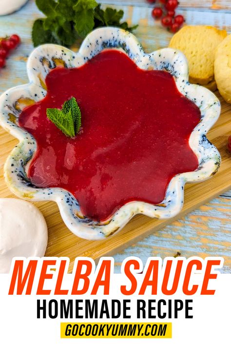 Discover the enchanting flavors of our must-try Homemade Melba Sauce! Made with ripe raspberries and a citrusy twist, it elevates any dessert to a whole new level. Versatile and customizable, this velvety delight will impress your guests with its burst of sweetness and tanginess. Whether drizzled over ice cream, pancakes, or paired with fresh fruits, it adds a touch of magic to every dish. Melba Sauce Recipe, Melba Sauce, Raspberry Sauce Recipe, Cream Pancakes, Spice Rubs, Red Currants, Homemade Sauce Recipes, Condiment Recipes, Fruit Toppings