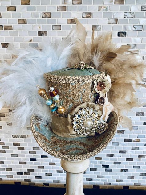 Blue and Beige Mini Top Hat Fascinator | Etsy Steampunk Top Hat Women, Pastel Steampunk, Boho Rv, Top Hat Fascinator, Tea Hat, Tea Hats, Purple Gothic, Steampunk Top Hat, Alice Tea Party