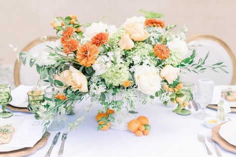 Citrus Themed Wedding, Orange Wedding Color Palette, Bridal Table Flowers, Orange Blossom Wedding, Tangerine Wedding, Orange Wedding Decorations, Wedding Table Display, Lemon Themed Bridal Shower, Orange Wedding Themes