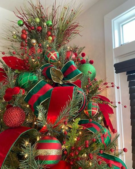 Vintage Plaid Christmas Tree, Decorator Christmas Trees, Traditional Red Green And Gold Christmas Tree, Elegant Red And Gold Christmas Tree, Tradition Christmas Tree, Red Green Gold Christmas Tree Ideas, Christmas Tree Ideas Green And Red, Family Ornament Christmas Tree, Red Gold Green Christmas Tree