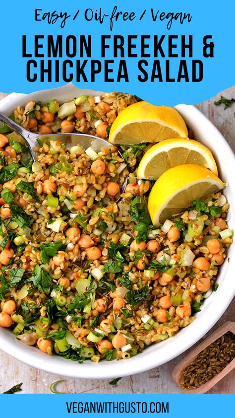 Zesty lemony freekeh salad with toasted cumin seeds and fresh herbs is the perfect solution when you want a quick meal that packs a punch of nutritional power. Get the recipe and learn how to cook freekeh and all about this ancient and healthy grain. Grain Based Salads, Freekah Salad Recipes, Raw Green Bean Salad, Greek Farro And Chickpea Salad, Lebanese Chickpea Salad, Freekah Recipes, Freekeh Soup, Freekeh Salad Recipes, Lebanese Freekeh