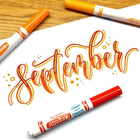 I can’t believe it’s already September when is it gonna not be 5000 degrees and humid af ??? #september #fallvibes #handlettered #handdonetype #handlettering #crayligraphy #crayoligraphy #crayolacalligraphy Crayola Calligraphy, Calendar Themes, Fall Words, Bullet Journal 2019, Pen Calligraphy, Brush Pen Calligraphy, Hand Lettering Quotes, Book Annotation, Brush Calligraphy