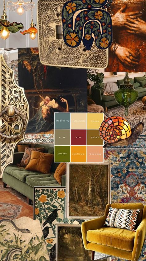 Moody decor - olive orange teal terracotta Maximalist Southwest Decor, Terracotta Wall Color Living Room, Dark Orange Walls, Forest Green Living Room Color Scheme, Home Decor Ideas Color Schemes, Moody Painting Ideas, Earthy Maximalism, Small Room Paint Ideas, Burnt Orange Room