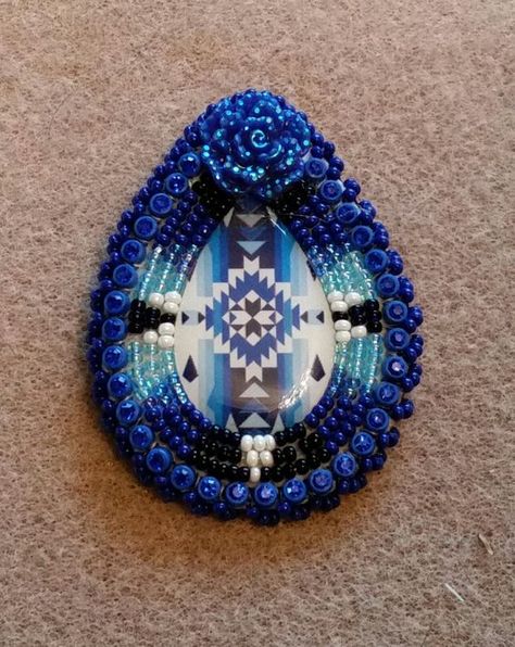 Native American beaded earrings with pear shaped epoxy pendleton ... Blue Beaded Earrings Native American, Cab Earrings, Earring Embroidery, Native American Beadwork Earrings, Neon Earrings, Homemade Jewellery, Beading Art, Beadwork Ideas, Native Earrings