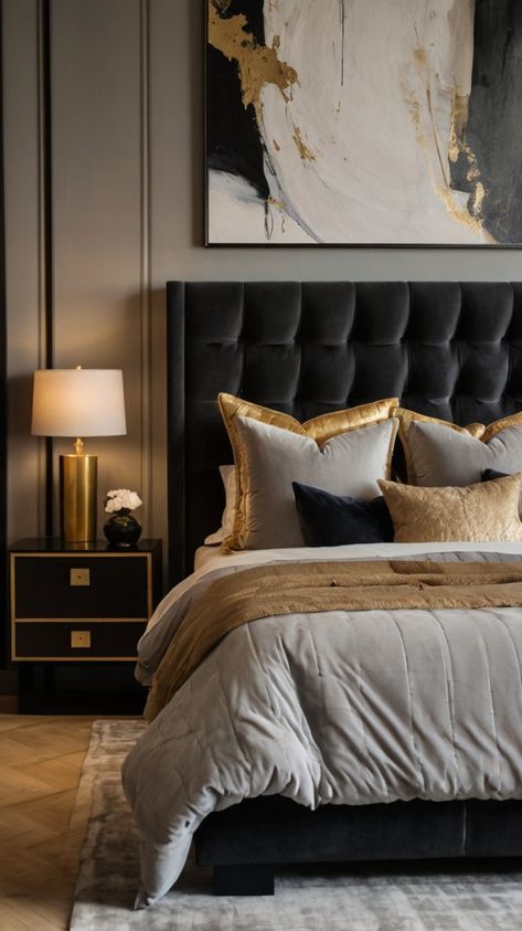 Bedroom Inspirations Black And Gold, Black Velvet Headboard Bedroom, Bedroom Decor Black And Gold, Black White And Gold Room Ideas, Black Leather Headboard Bedroom, Black Tufted Bedroom Ideas, Black Velvet Bed Bedroom Ideas, Gold And Black Bedroom, Velvet Bedroom Ideas