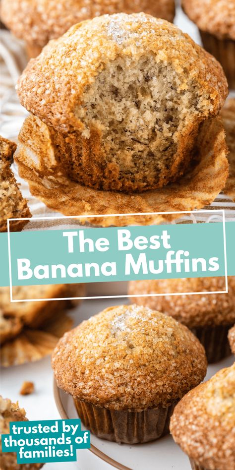 My perfect banana muffins are loved by thousands of families! Try my recipe once and you’ll see why this is a trusted recipe for big bakery style muffins! After 6 months testing and developing muffin recipes, I am sharing all my best tips with you! Big Batch Banana Muffins, Large Batch Banana Muffins, Best Banana Muffins, One Bowl Banana Bread, Yummy Muffins, Banana Bread Muffin Recipe, Cups Recipes, Bakery Muffins, King Arthur Gluten Free