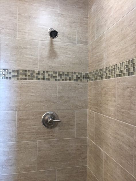 master bath shower in 12x24 porcelain travertine look tile.  installed at a horizontal 1/3 staggered, with a 1x1 glass mosaic tile. Vertical Tile Bathroom, River Bathroom, Bathroom Master Bath, Vertical Tile, Tiling Ideas, Small Master Bath, 12x24 Tile, Shower Tiles, Bathrooms Ideas