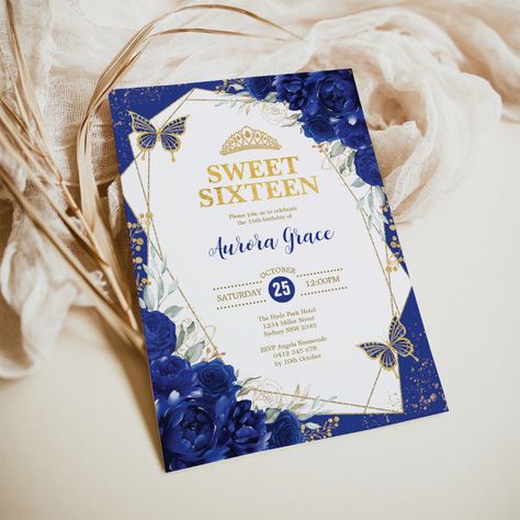 Royal Blue Sweet 16 Butterflies Geometric Party Invitation - Sweet 16 Gifts Princess Sweet 16, Blue Sweet 16, Royal Blue Flowers, Butterfly Invitations, Gold Glitter Confetti, Sweet 16 Gifts, Sweet Sixteen Parties, Sweet 16 Birthday Party, 16 Birthday