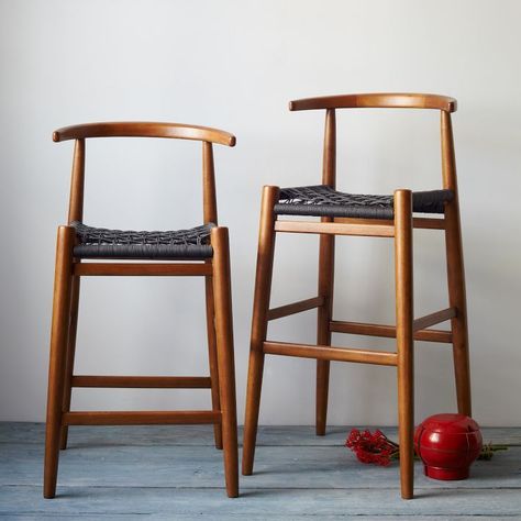 John Vogel Bar + Counter Stool - Acorn/Charcoal | West Elm Wooden Kitchen Chairs, Mid Century Bar Stools, Mid Century Modern Bar, Kursi Bar, White Bar Stools, Modern Counter Stools, Kitchen Counter Stools, Wooden Counter, Designer Bar Stools