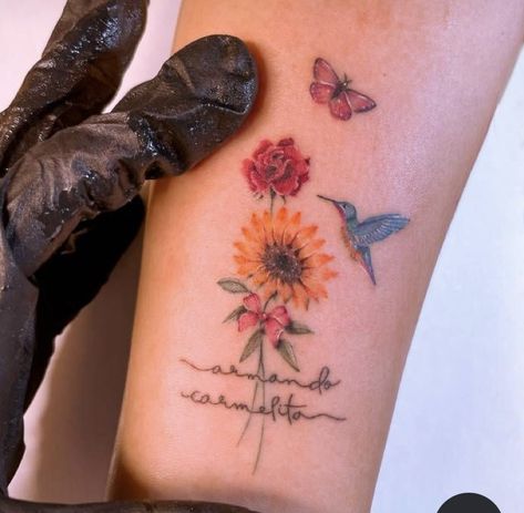 Sunflower And Hummingbird Tattoo, Sunflower And Hummingbird, Butterflies Tattoos, Hummingbird Tattoos, Rose And Butterfly Tattoo, Sunflower Tattoo Shoulder, Inner Forearm Tattoo, Insect Tattoo, Anklet Tattoos