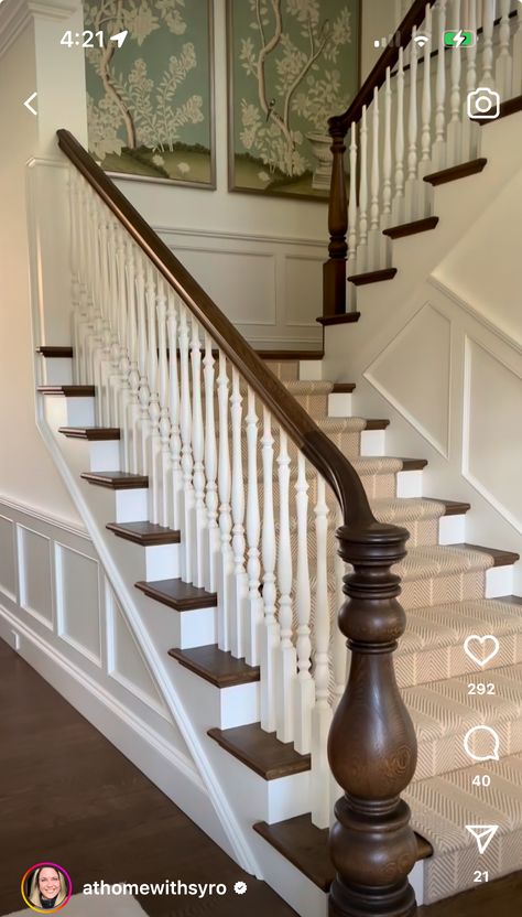 Brown Wooden Staircase, Wooden Staircase Design Traditional, Brown Stairs, Wooden Curved Staircase, Historic Home Staircase, Grand Wooden Staircase, Railing Designs, Staircase Railing, Painted Staircases