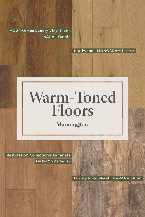 A graphic that shows 4 different floor types and a text box in the middle that reads Warm Toned Floors Most Popular Lvp Flooring Colors, Lvp Flooring Ideas, English Cottage Kitchens, Flooring Colors, Cottage Remodel, Warm Wood Flooring, Country Cottage Interiors, Hardwood Floor Colors, Flip House