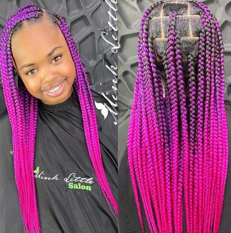 Ombre Braids For Kids, Pink Braids For Kids, Purple And Pink Braids, Purple Box Braids, Pink Braids, Kids Box Braids, Purple Braids, Ombre Braid, Long Straight Wig