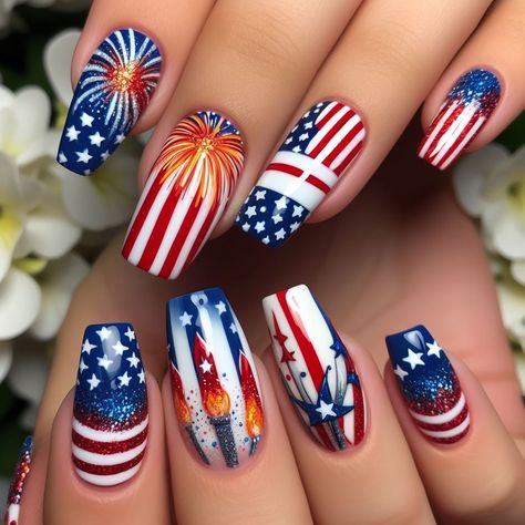 Patriotic 3D Fireworks: Paint your nails white and use red and blue acrylic paint to create small, raised firework bursts on each nail. You can also add a touch of glitter for a more dazzling effect. Nails 4th Of July Design Simple, 4th Of July Nails Design, 4th Of July Nail Art, Nails 4th Of July, Fireworks Nails Design, 4 Of July Nails, July 4th Nails, Patriotic Nail Designs, 4th Of July Nail Designs