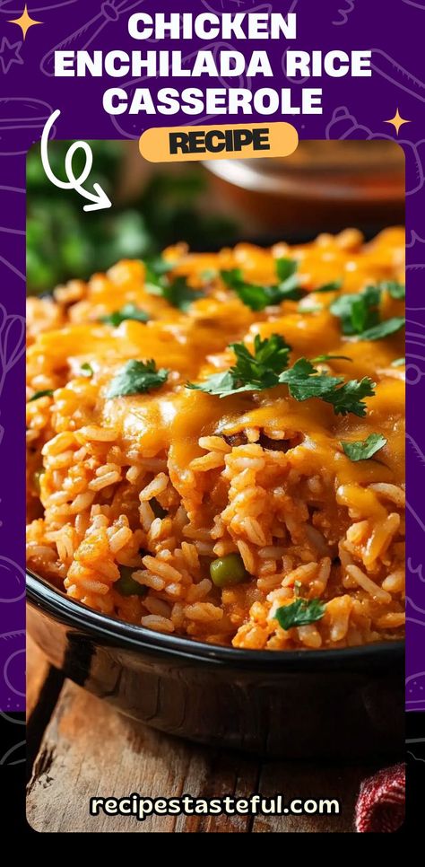 A hearty and cheesy casserole that combines shredded chicken, rice, and zesty enchilada sauce, topped with melted cheese. Perfect for family dinners and potlucks! Shredded Chicken Rice, Chicken Enchilada Rice Casserole, Enchilada Rice Casserole, Chicken Enchilada Rice, Enchilada Rice, Chicken Rice Casserole, Rice Casserole Recipes, Cheesy Casserole, White Cheddar Cheese