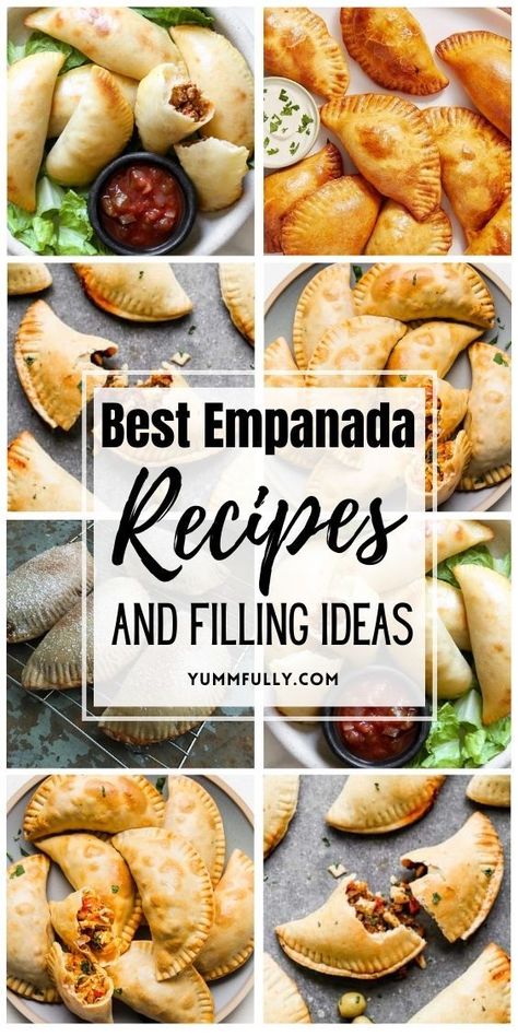 Hand-held meals like empanadas are satisfying, convenient and amazing-tasting! These savory and sweet Empanada Recipes and Filling Ideas that go from classic beef and cheese empanadas to creative dessert fillings, offer deliciously filled flaky crust that you can grab any time of the day! Chicken Filling For Empanadas, Savory Bakes Recipes, Brazilian Empanadas Recipe, Best Empanada Filling, Puff Pastry Empanadas Beef, Empanada Filling Ideas, Hand Pies Recipes Savory Vegetarian, Argentine Empanadas Recipes, Vegetarian Empanada Filling