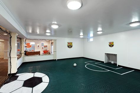 Turf Basement Ideas, Indoor Soccer Field In House, Basement Soccer Field, Soccer Basement, Football Bathroom Decor, Sports Theme Basement, Play Basement, Football Bathroom, Teen Basement