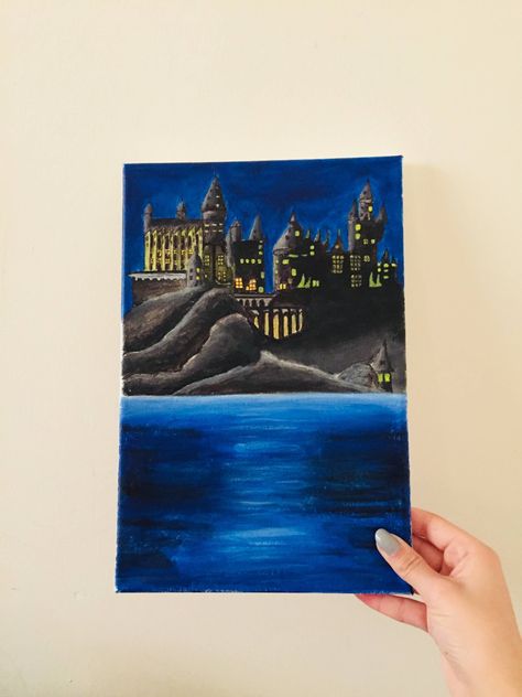 Hogwarts Castle Painting Easy, Hogwarts Painting Easy, Hogwarts Castle Painting, Harry Potter Painting Ideas Easy, Harry Potter Acrylic Painting, Hogwarts Painting, Harry Potter Canvas Art, Harry Potter Painting, Castle Painting